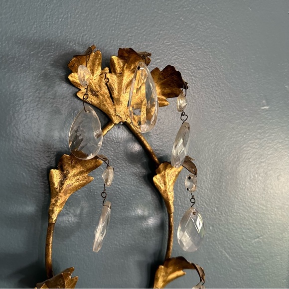 French Empire Style Gilt Metal 2 Candle Wall Sconce with Crystal Teardrops - Picture 8 of 11